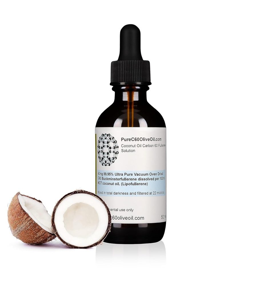 PureC60OliveOil C60 Organic MCT Coconut Oil 50ml / 1,7 Fl Oz - 99.95% Carbon 60 Liuotin ilmainen 20 mg - Amber Glass Bottle - Food Grade - Carbon 60 MCT Coconut Oil - alkaen johtava maailmanlaajuinen tuottaja