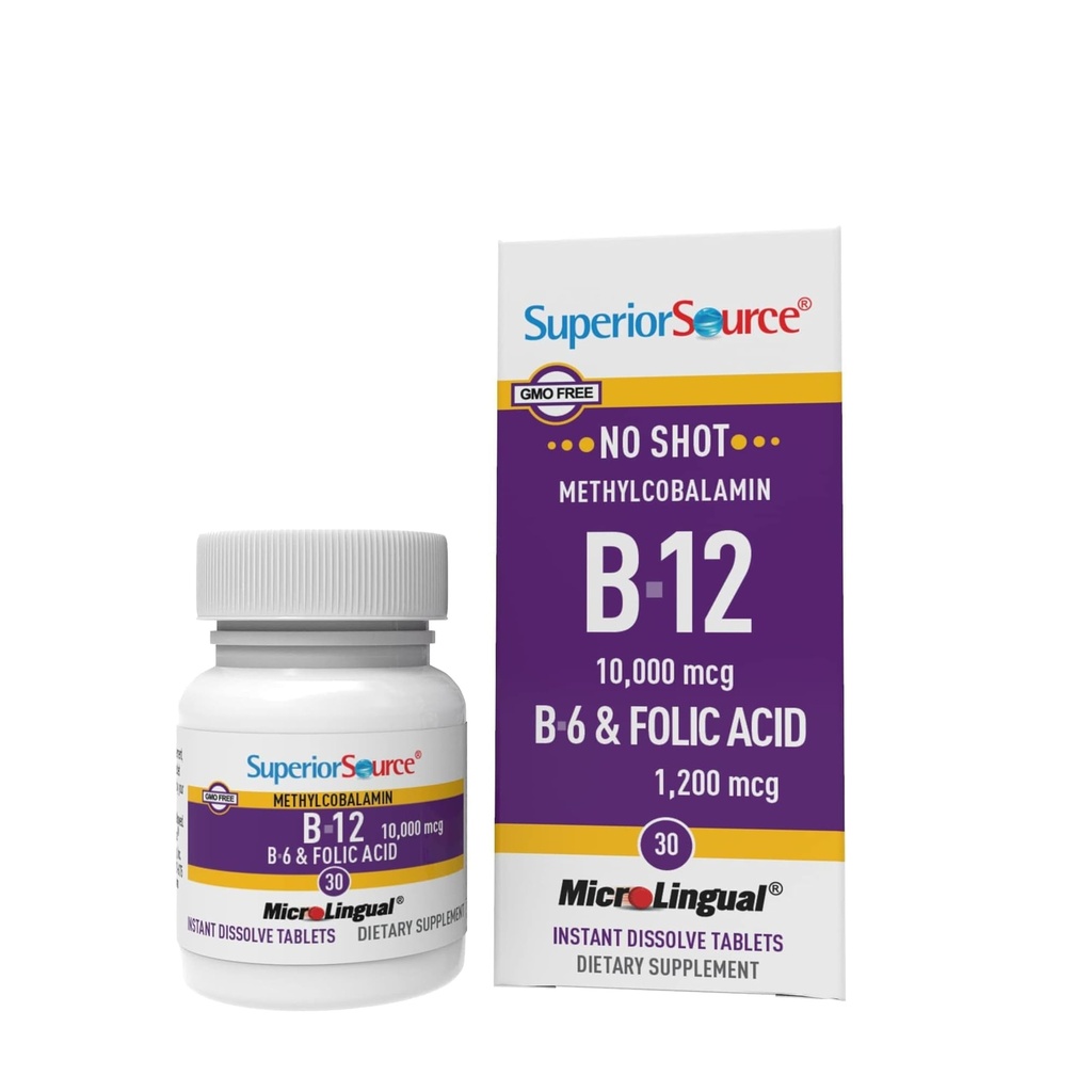 Superior Source No Shot Vitamin B-12 Methylcobalamin 10000 mcg, B-6 & Folic Acid 1200 mcg - Stöder Brain & Heart Health - Aids Natural Energy Levels - 30 Sublingual Dissolving Tablets