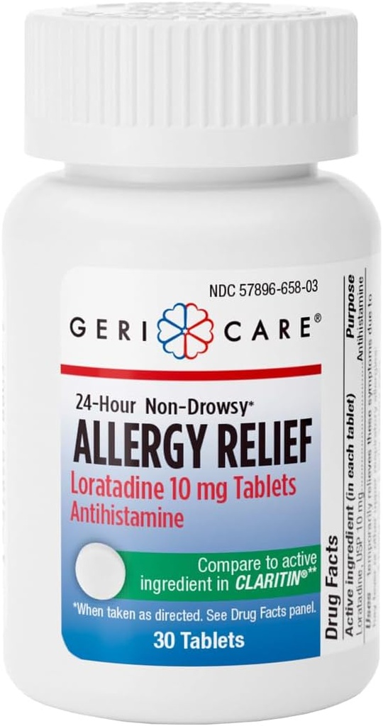 GeriCare Loratadine 10mg Non-Drowsy 24-timmars Allergy Relief, Antihistamine Allergy/Sinus Support Tablets för Runny Nose, Sneezing, Itchy, 30 Count, 1 Pack.