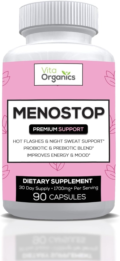 MenoStop - Hot Flashs ja Menopause Support - Black Cohosh, Ashwagandha, Dong Quai, Prebiootti ja Probiootti sekoitus - 30 päivän toimitus
