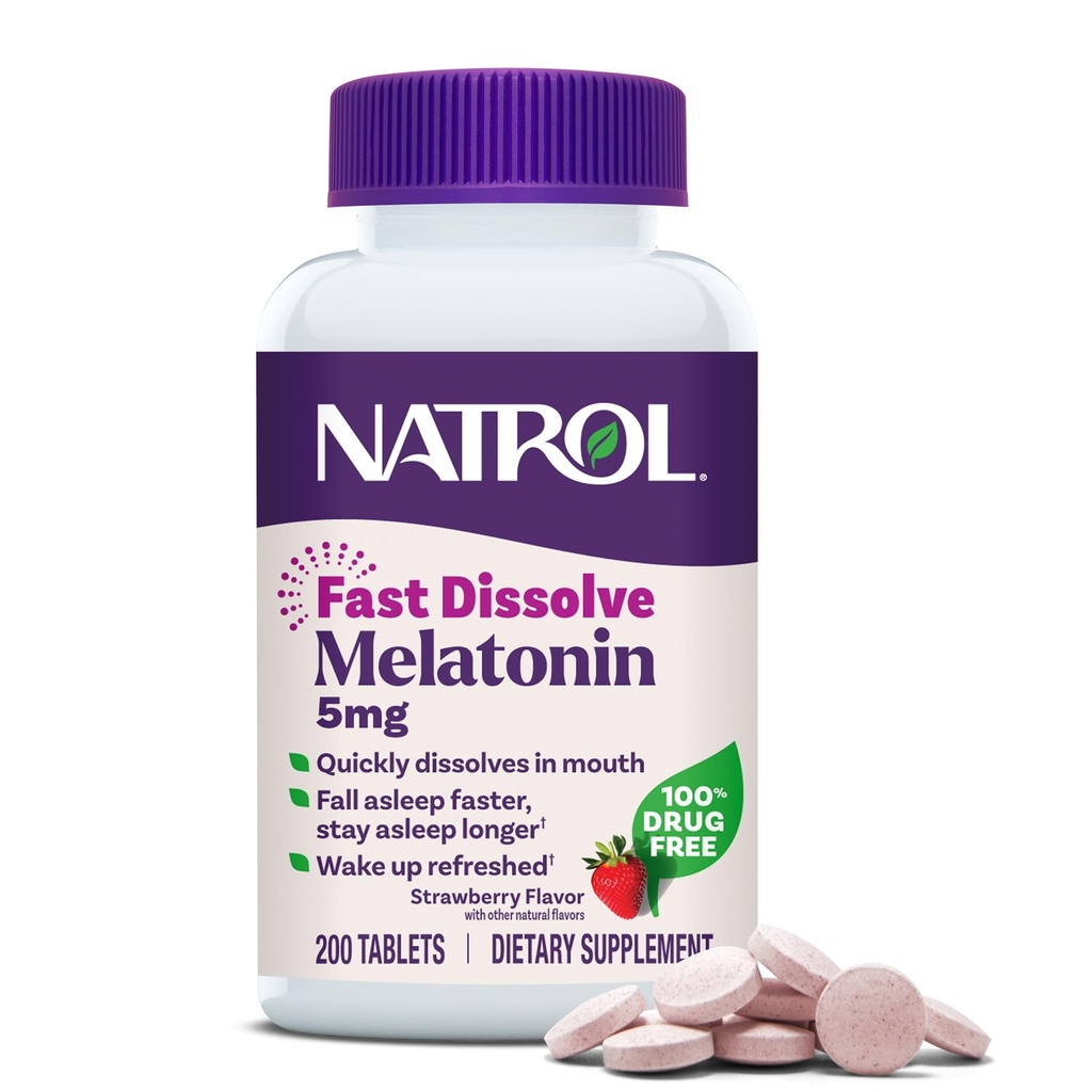 Natrol Melatoniini 5 mg nopeasti liuottavat tabletit, unituki täydentää aikuisille, mansikka maku, 200 tablettia, jopa 200 päivän ajan