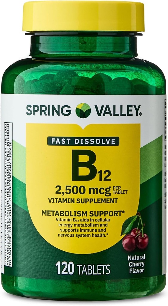 B12-vitamiini Nopeasti liukenevat tabletit Ravintolisä, 2500 Mcg, Kirsikka, 120 Count and Portable Pill Container (2 kohteita)