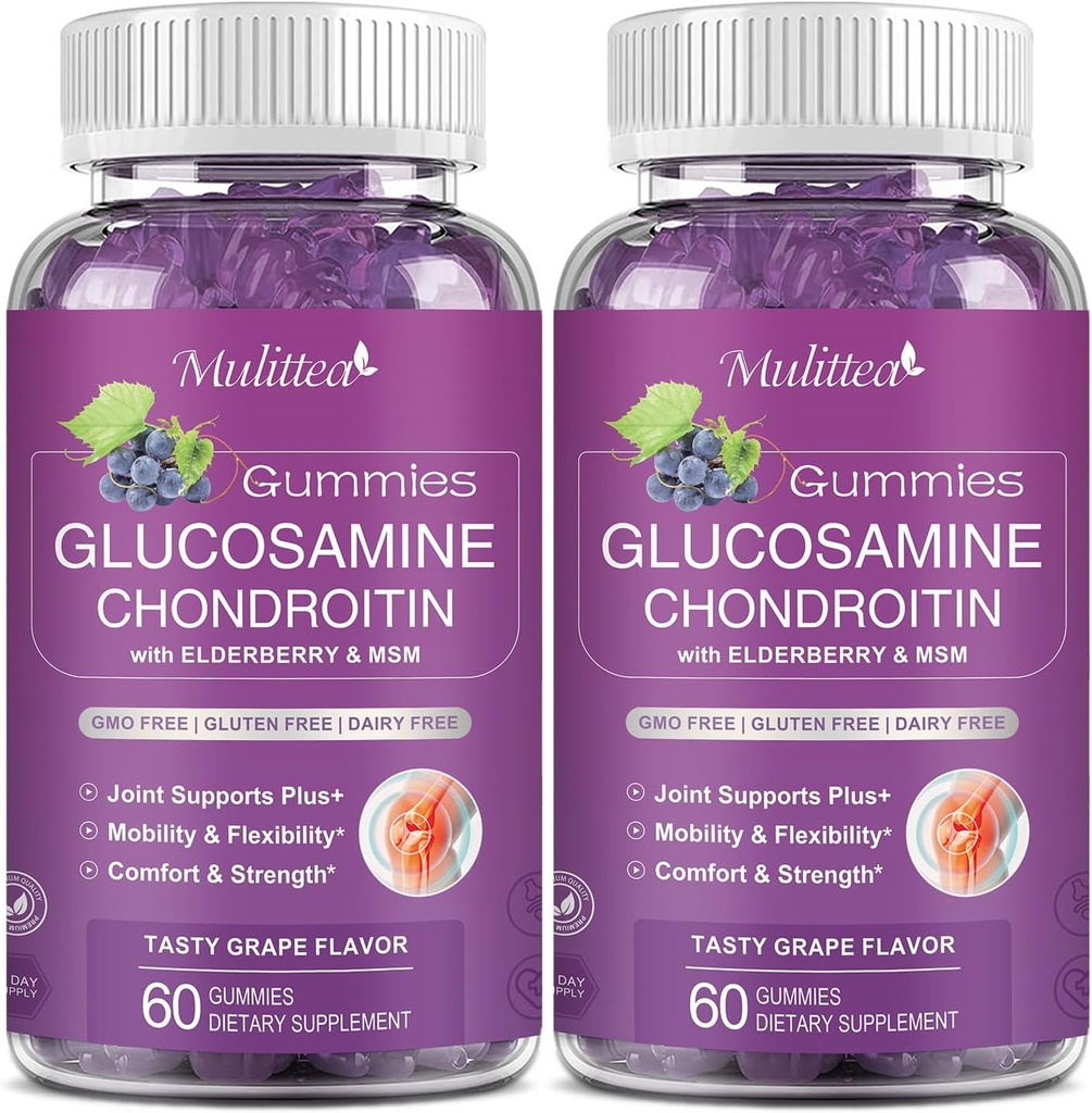 Mulittea Glukosamiini Chondroitin Gummies - Extra Strength Joint Support Supplement MSM & Elderberry Natural Joint, antioksidantti Immuuni tuki aikuisille, miehet & naisten-sokeriton (2 pakkaus)