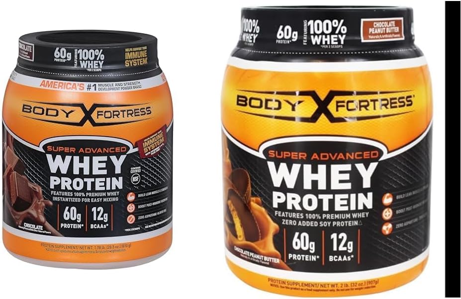 Body Fortress 100% Whey, Premium Protein Powder, Chocolate, 1,78lbs (Packaging May Vary) & 100% Whey, Premium Protein Powder, Chocolate Peanut Butter, 1,78lbs (Pakkaus May Vary)