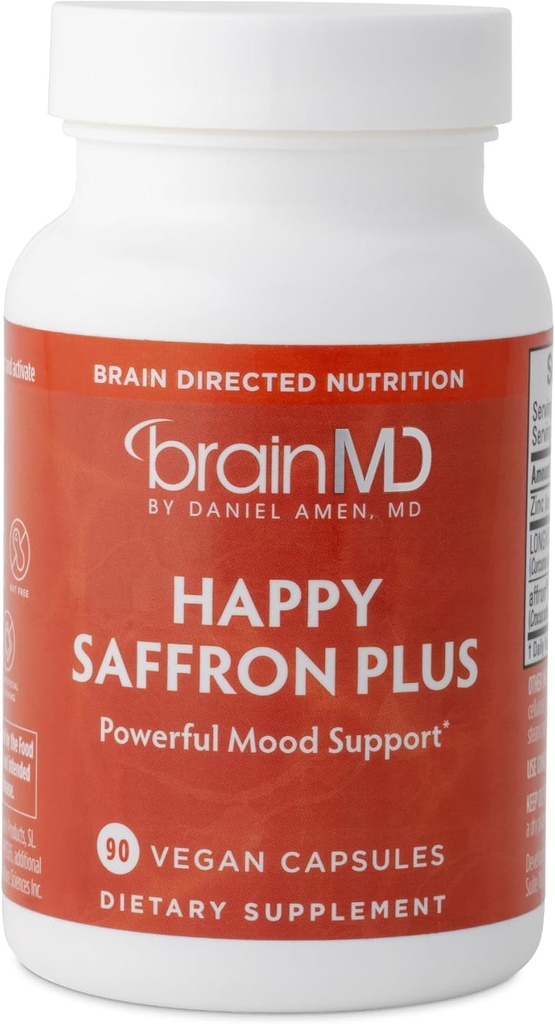 Dr Amen BrainMD Happy Saffron Plus - 90 kapslar, paket med 2 - med Saffron Flower Extract, Curcumin & Zink - Vegan, Gluten Free - 60 Total Servings