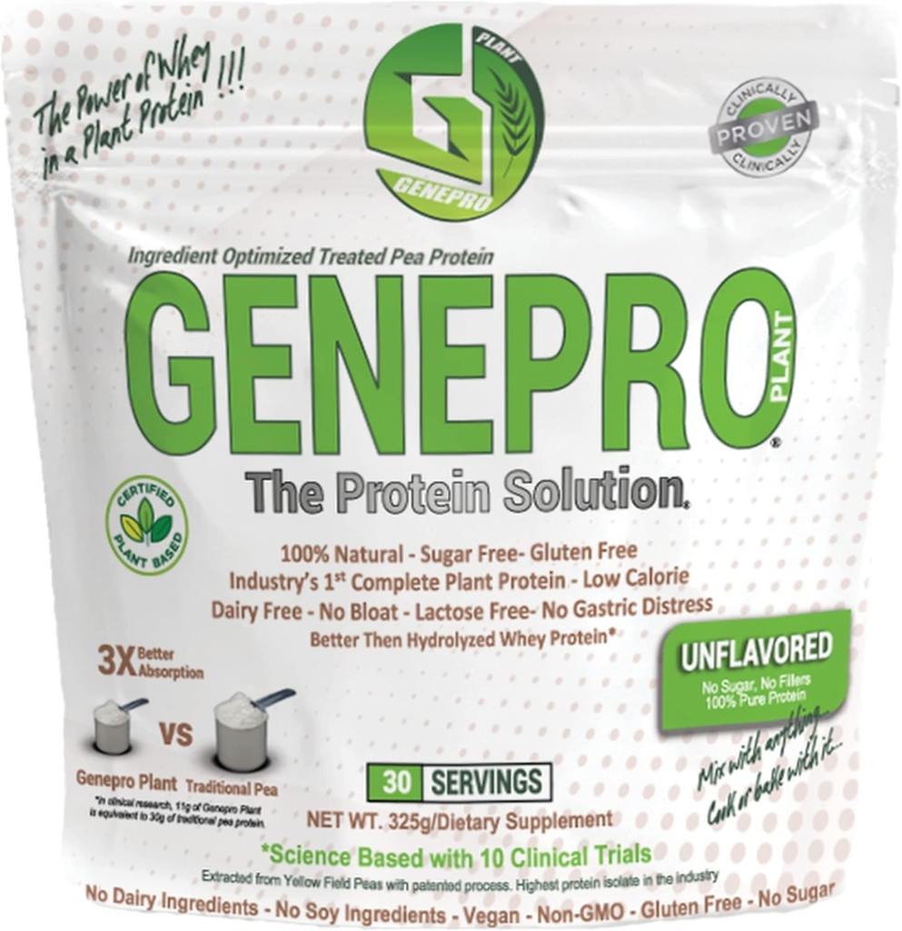 Genepro Unflavored Plant Based Protein Powder - Laktosfri, Glutenfri och icke-GMO Pea Protein Supplement Shake (30 portioner)
