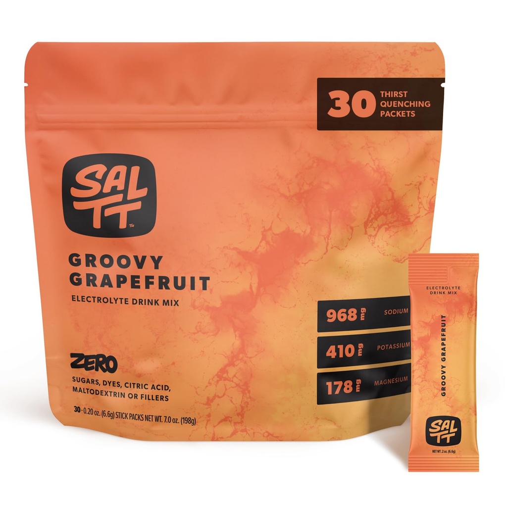 SALTT Electrolytes Powder smaksatt dricka Mix - Groovy Grapefruit - 30 Hydrationspaket - Magnesium, kalium, natrium, spårmineraler - Zero Sugar & Gluten Free - Travel Essentials