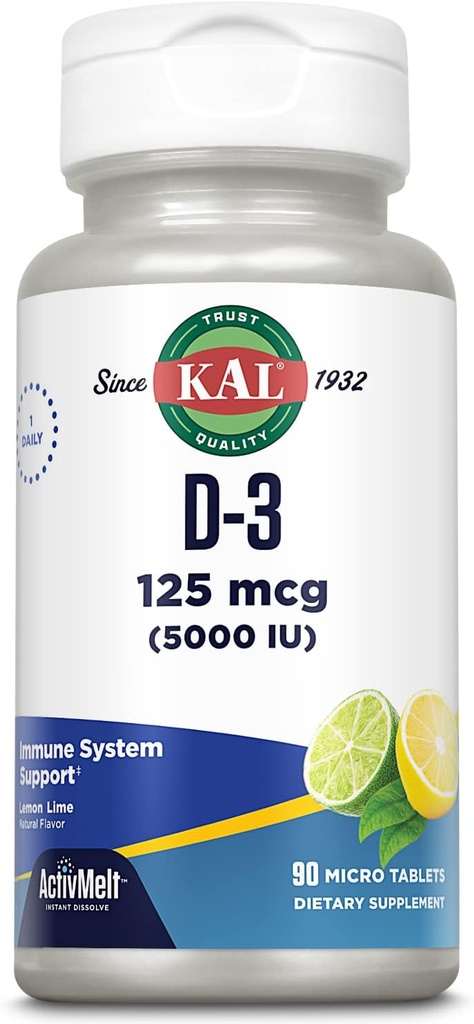 KAL-vitamiini D-3 5000 IU ActivMelt, instant liuotus, luonnollinen sitruunan limetti maku, terveen immuunitoiminnan ja luun tuki, 90 tarjoilua, 90 mikrotablettia