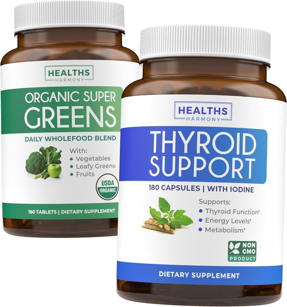 Super Greens & Thyroid Support (3-månaders leverans) Thyroid Vitality Bundle of Organic Super Greens Powder - Fullständig Superfood (180 kapslar) & Thyroid Support för män och kvinnor (icke-GMO) (180 kapslar)
