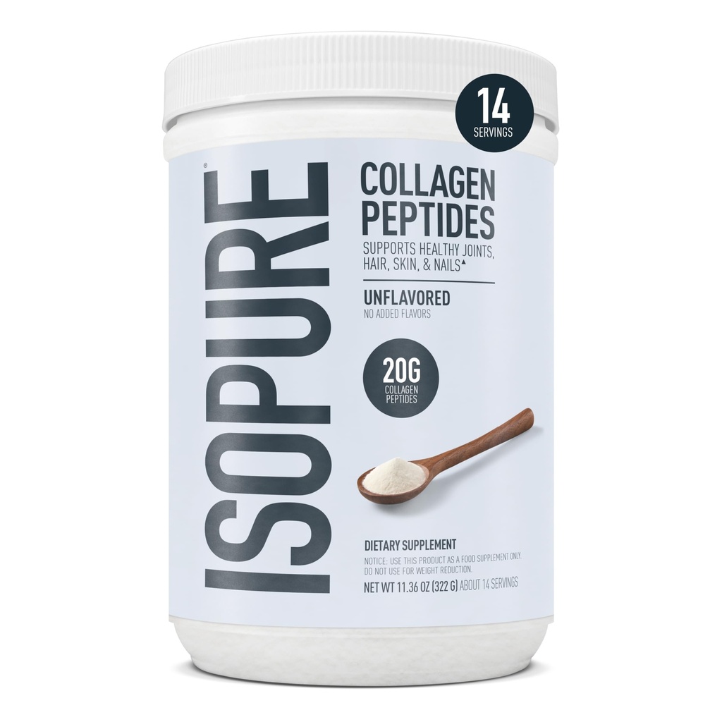 Isopure Collagen Peptides Powder, Edistää hiuksia, kynsiä, ihoa ja yhteistä terveyttä, C-vitamiinia ja biotiinia, makuamaton, 20g kollageeni Peptides per Serving, 11.36 Oz, 14 Servings (Pakkaus toukokuussa Vary)