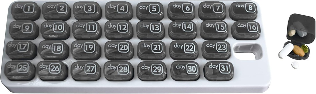 Kuukausittainen Med Organizer kanssa 31 päivittäin irrotettava pilleri kapselit kotiin, työhön, matkustaa, numeroituja pillerilaatikoita täydentää ja vitamiineja (Grey)
