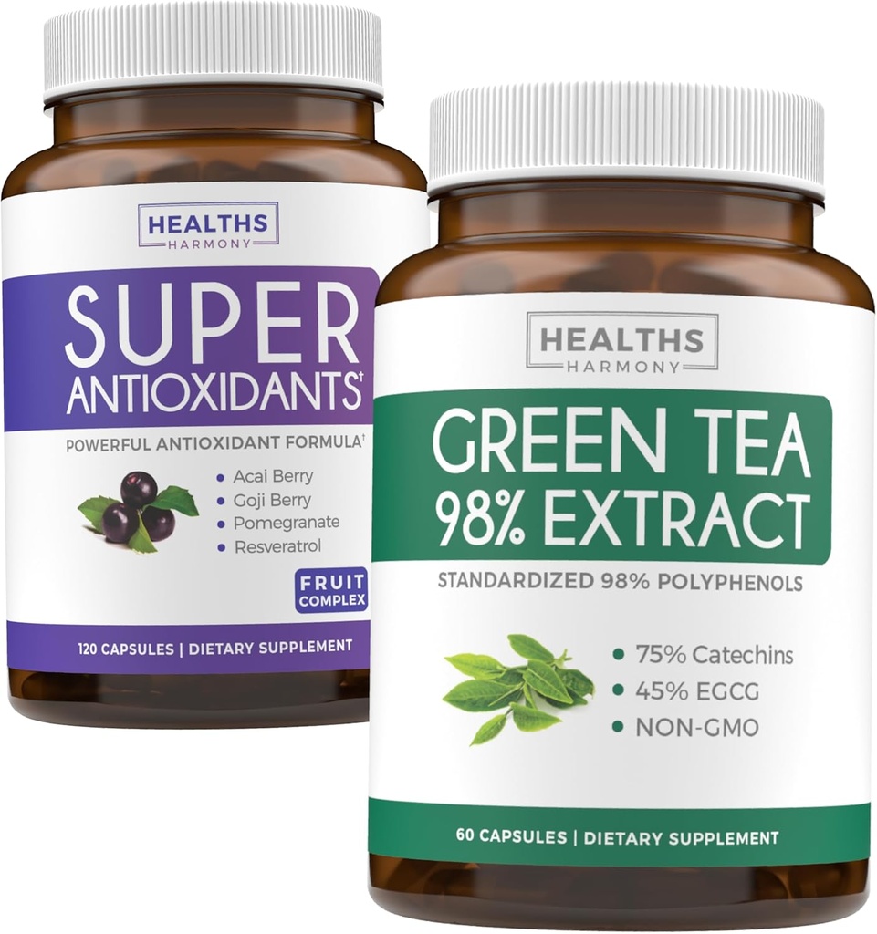 Antioksidantit ja vihreä teeuute (1-kuukautta) Antioksidantti Green Fusion - Super Antioxidants - Tehokas Super Food Daily Blend (120 Caps) & Green Tea Extract kanssa EGCG Polyfenoli Catechins(60 Caps)