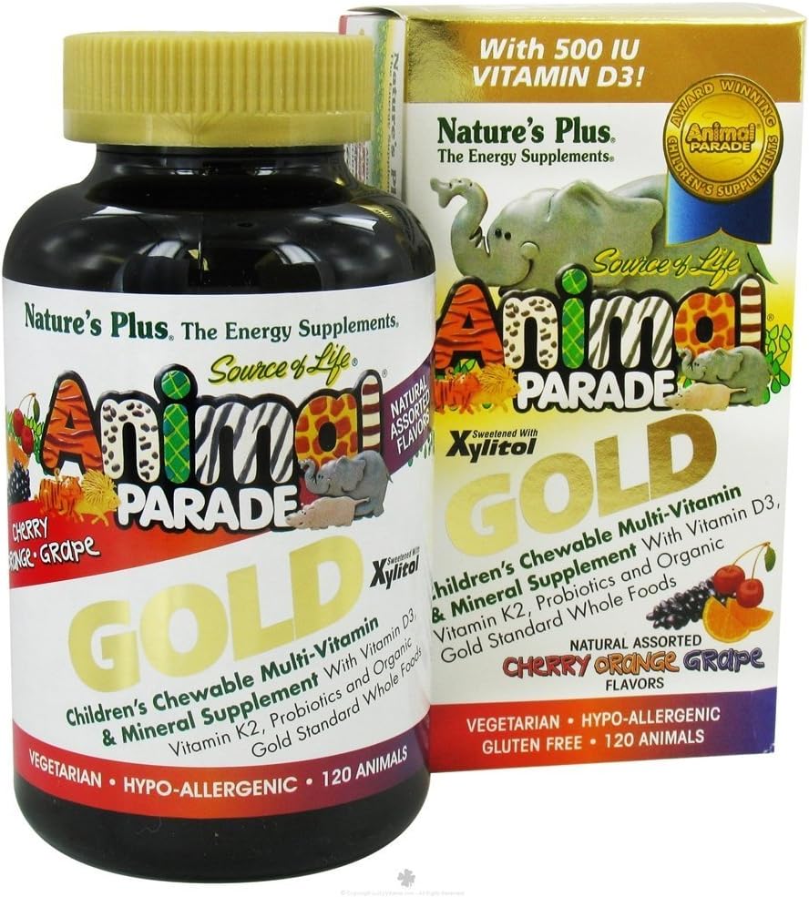 NaturesPlus Animal Parade Gold Lasten monivitamiini - valikoitu kirsikka, appelsiini ja viinirypäle makuja - 120 Animal-muotoinen purutabletti, pakkaus 2 - Vegan, Gluteeniton - 120 Yhteensä tarjoilu