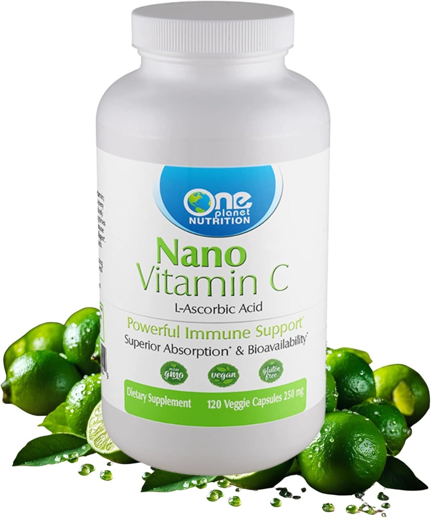 En Planet Nutrition Nano Vitamin C - Vattenlöslig Vitamin C för Män & Kvinnor, Naturlig icke-GMO Vitamin C för immunstöd, God Absorption & Biotillgänglighet, Vitamin C Small Capsules, 120 kapslar