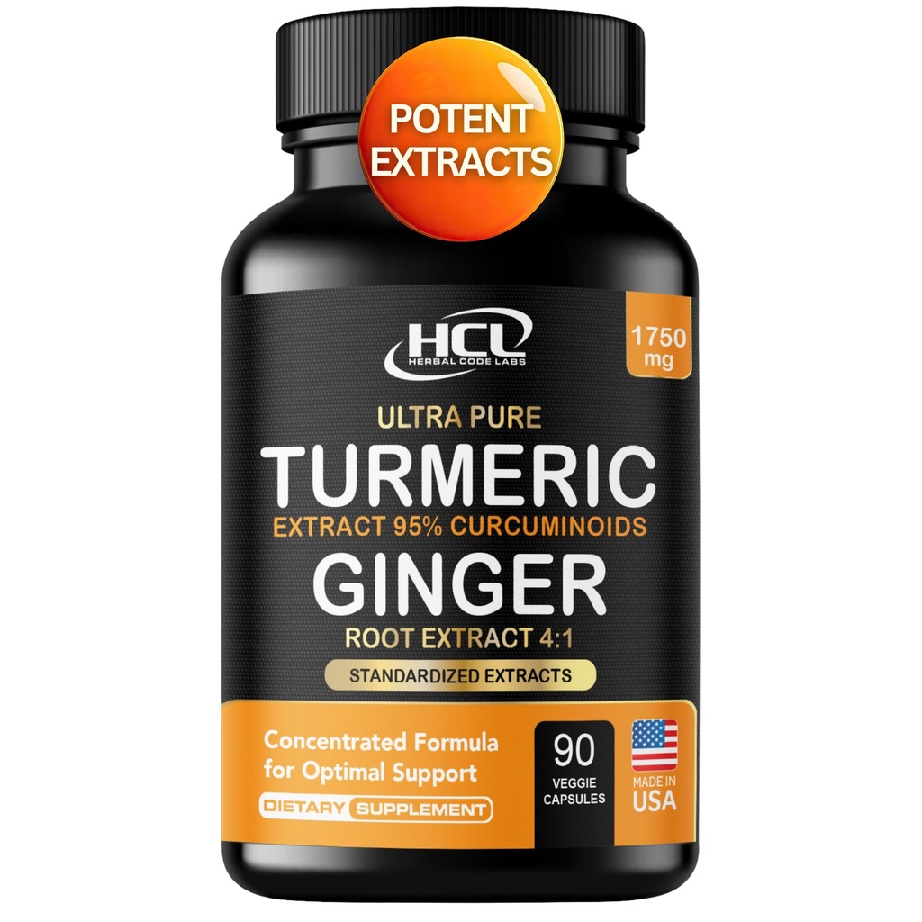 Kurkuma inkivääri 1750 mg Korkea-Potenssi Formula 95% Standardoitu Curcuminoids ja inkivääriuute ... Musta Pippuri tehostettua imeytymistä varten...60 Vegan kapselit