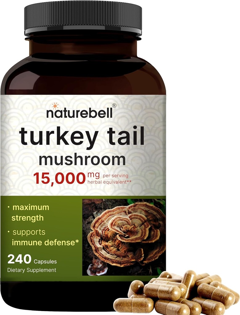 NatureBell Turkey Tail Mushroom Capsules 15,000mg Per Serving, 240 Count ... 25:1 Fruitting Body & Mycelium Extract