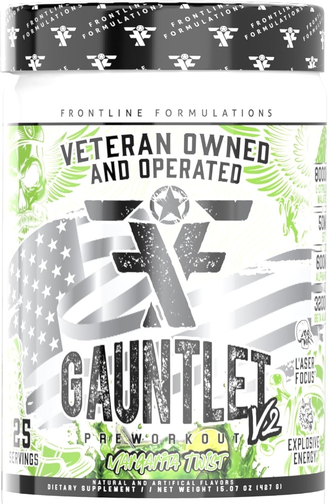 Gauntlet Pre-Workout Powder, Explosive Workouts, Laser Focus, Mid Stim, Fantastisk smak, Veteran Ägd och Operaterad (25 portioner, Margarita Twist)