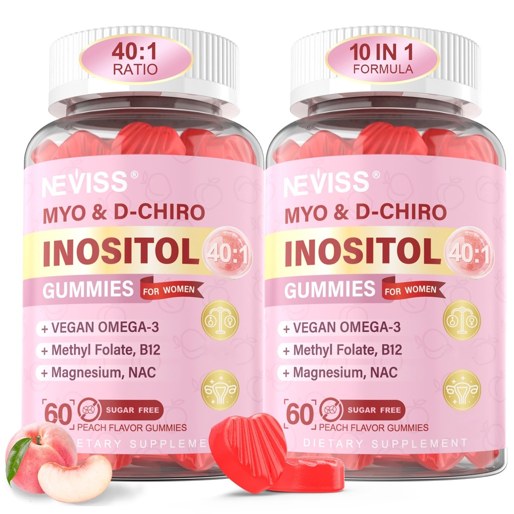 Myo-Inositol & D-Chiro Inositol Gummies for Women 2000mg + 50 mg, 40:1 Ratio Inositoli ja Vegan Omega-3 + D3, magnesium Glycinate, Metyylifosaatti + B12 naisten terveys ja hyvinvointi, sokeriton, 120 Cts