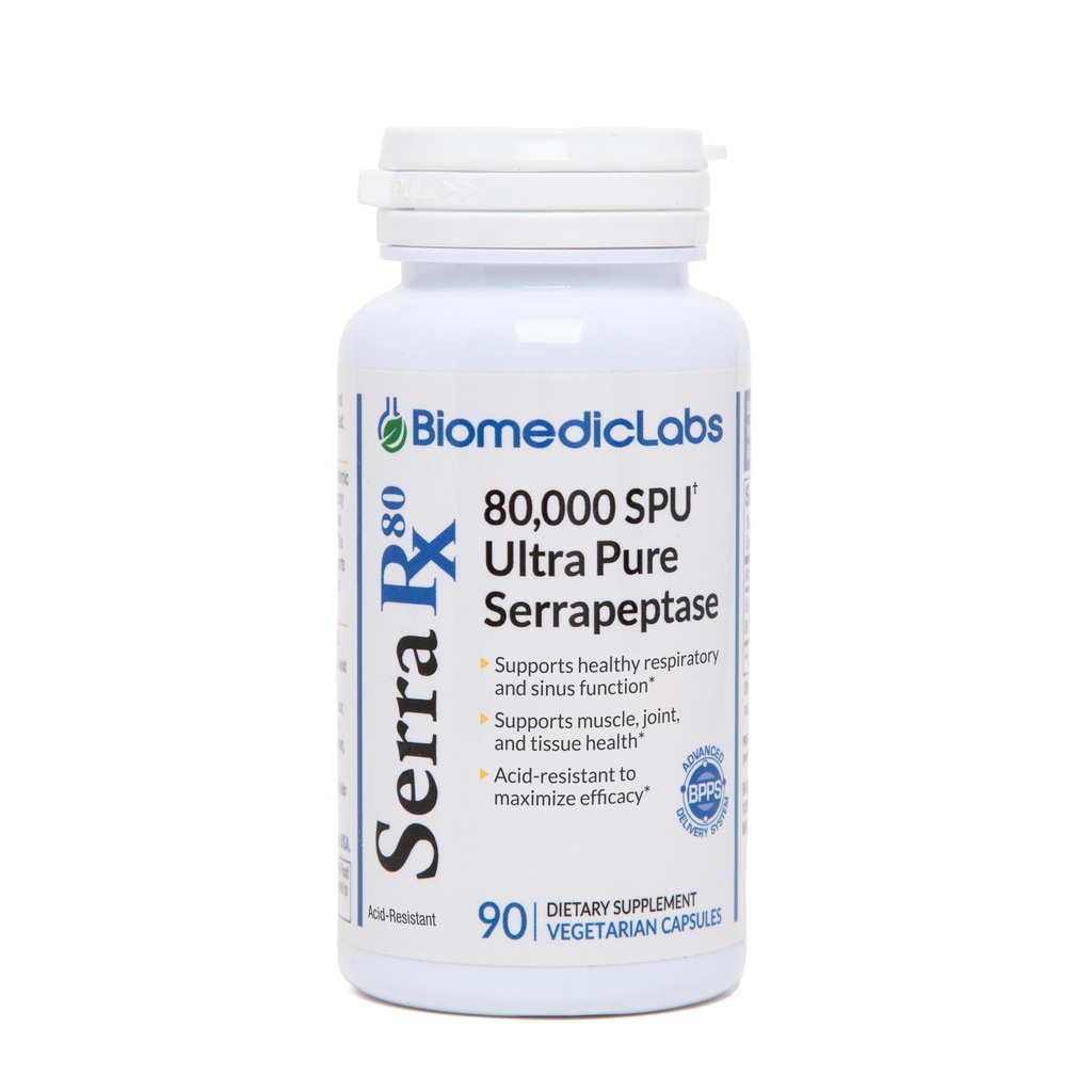 Serra-RX 80,000 SPU Serrapeptaasi - Acid-Resistant Proteolyyttinen Systemic Enzyme, Ei-GMO, Gluteeniton, Vegan, tukee Sinus & Lung Health, 90 Veg kapselia