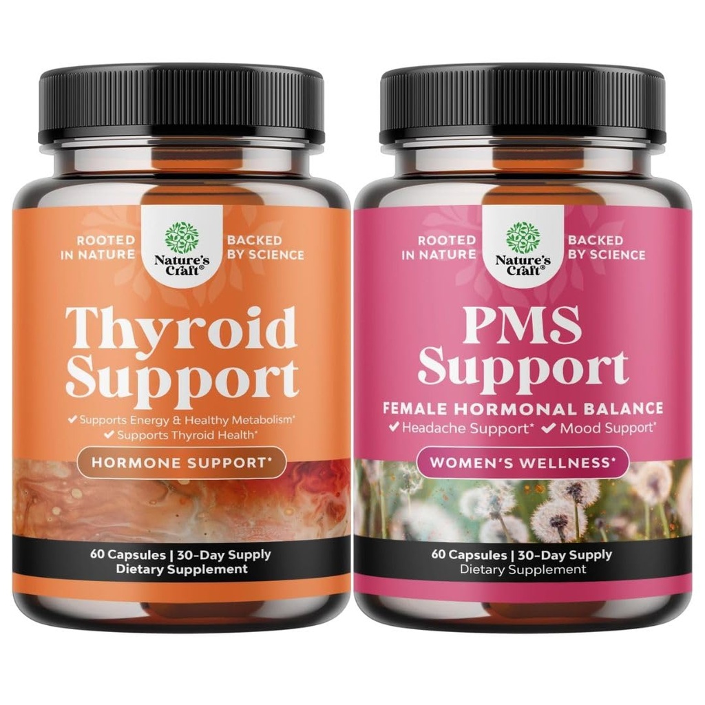 Bundle of Herbal Thyroid Support Komplex och Herbal PMS Support Supplement för kvinnor - Mood Enhancer Energy Supplement för sköldkörtelhälsa - Feminin Balance Komplex med PMS Vitaminer för kvinnor