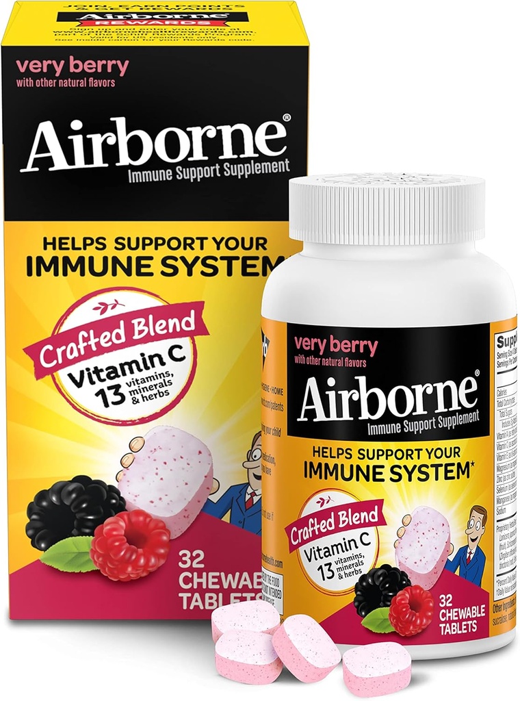 Airborne C-vitamiini 1000 mg (per tarjoilu) Erittäin Berry Pureskeltavat tabletit (32 lasketaan laatikkoon), gluteeniton immuunitukilisä, jossa on A-vitamiinia C E, ZINC, Selenium, Echinacea & Ginger, antioksidantit