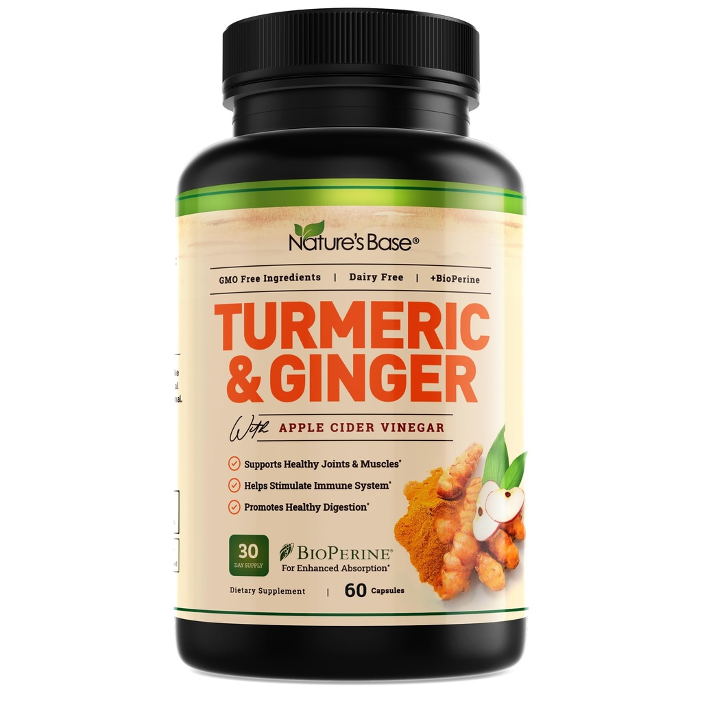 Naturens bas gurkmeja och ingefära tillskott - med Curcumin, Apple Cider Vinegar & BioPerine Black Pepper Extract - 95% Curcuminoids - 60 kapslar