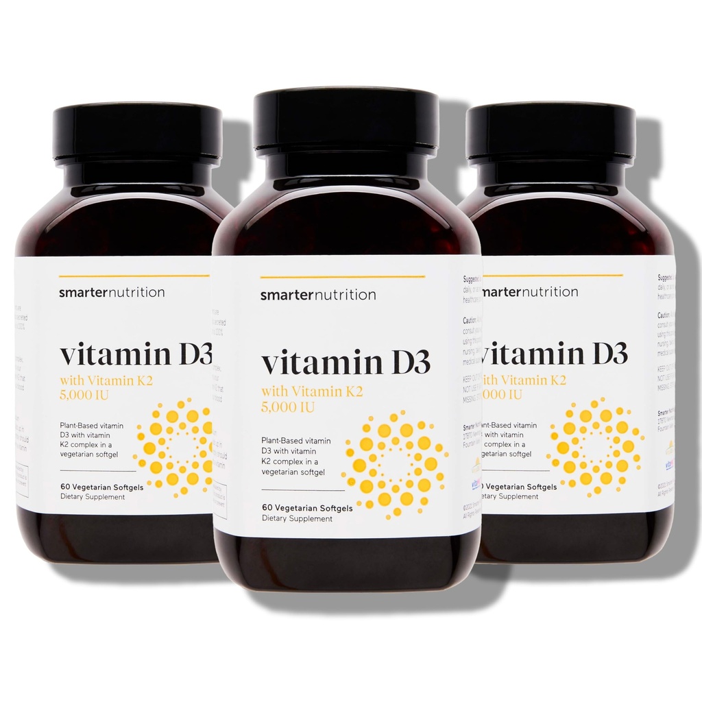 SMARTERNUTRITION Vegaani D3 5000 IU + luonnollinen K2 1100 mcg orgaaninen kookos- ja oliiviöljy - D3 K2 täydentää immuuni- ja luutuki - 180 Softgels[90 päivän tarjonta]