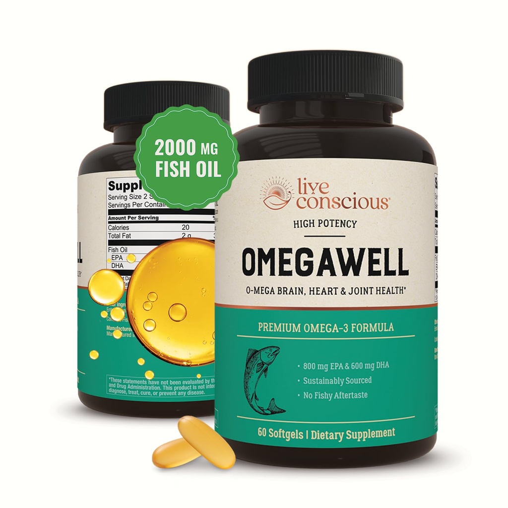 Live Conscious OmegaWell Omega 3 fiskolja - 2000mg kapslar: Hjärta, hjärna och gemensamt stöd - 800 mg EPA 600 mg DHA - Hållbart källad - Softgels - 30 dagars leverans