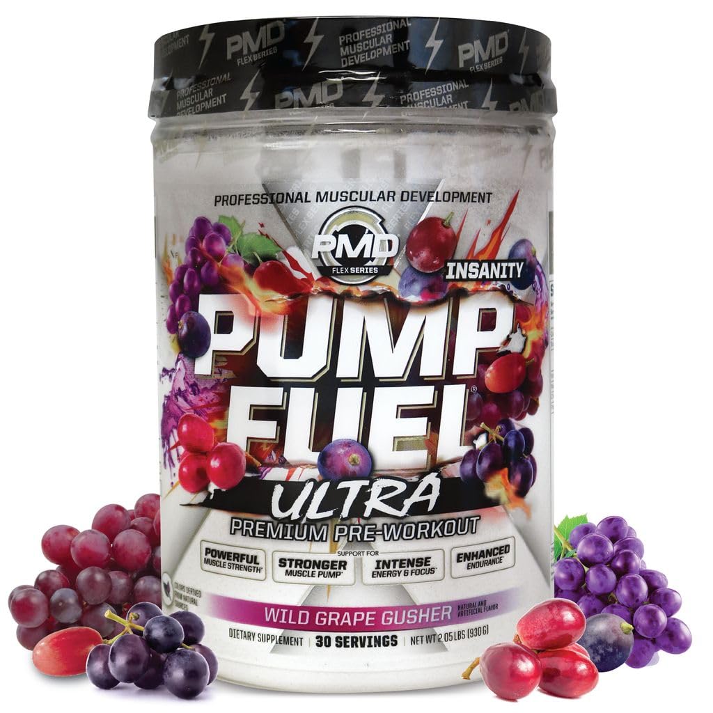 PMD Sport Pump Fuel Ultra Insanity - Premium Pre Workout Powder & Muscle Pump, Greater Focus, Endurance & Recovery, Premium Creatine, Arginine & Beta Alanine - Wild Grape Gusher (30 portioner)