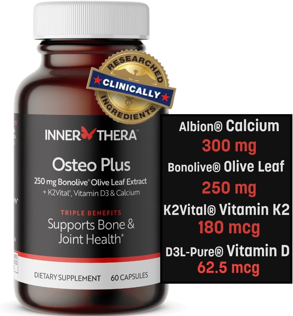 Osteo Plus 4-in-1 Comprehensive Supplement - Kalsium D3-vitamiini, K2 ja Bonolive - tukee Terve ikääntyminen - Gluteeniton, ei-GMO, Vegan (60 kreivi)