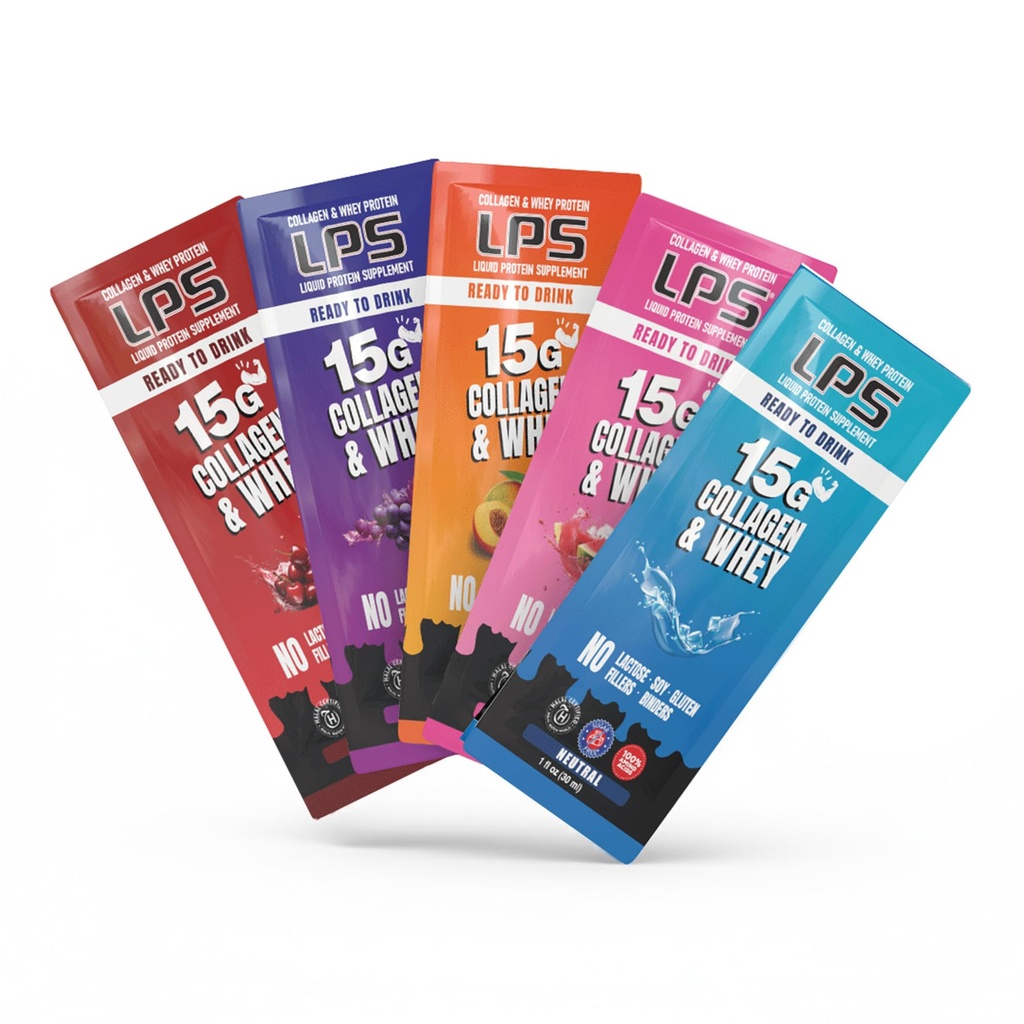 Nutritional Designs LPS Liquid Collagen & Whey Protein Supplement - non-GMO Drink, Sugar-free - edistää tervettä ihoa ja hiuksia miehille ja naisille, yksi tarjoilu (Variety Box, 30)