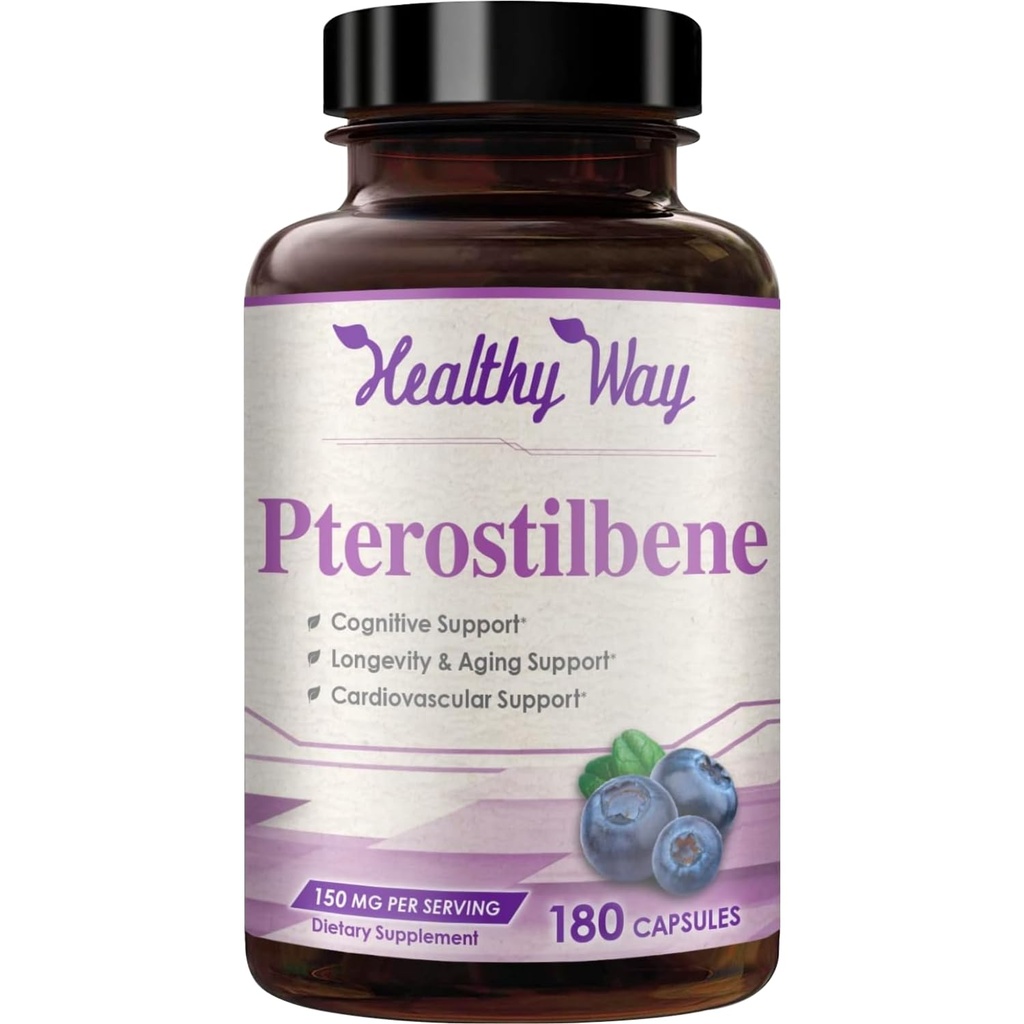 150mg Pterostilbene Supplement - När dagliga antioxidanttillskott för hälsosam åldrande immunhjärt hud och hjärnstöd - Naturligt härledd icke-GMO & Made i USA (180 portioner)