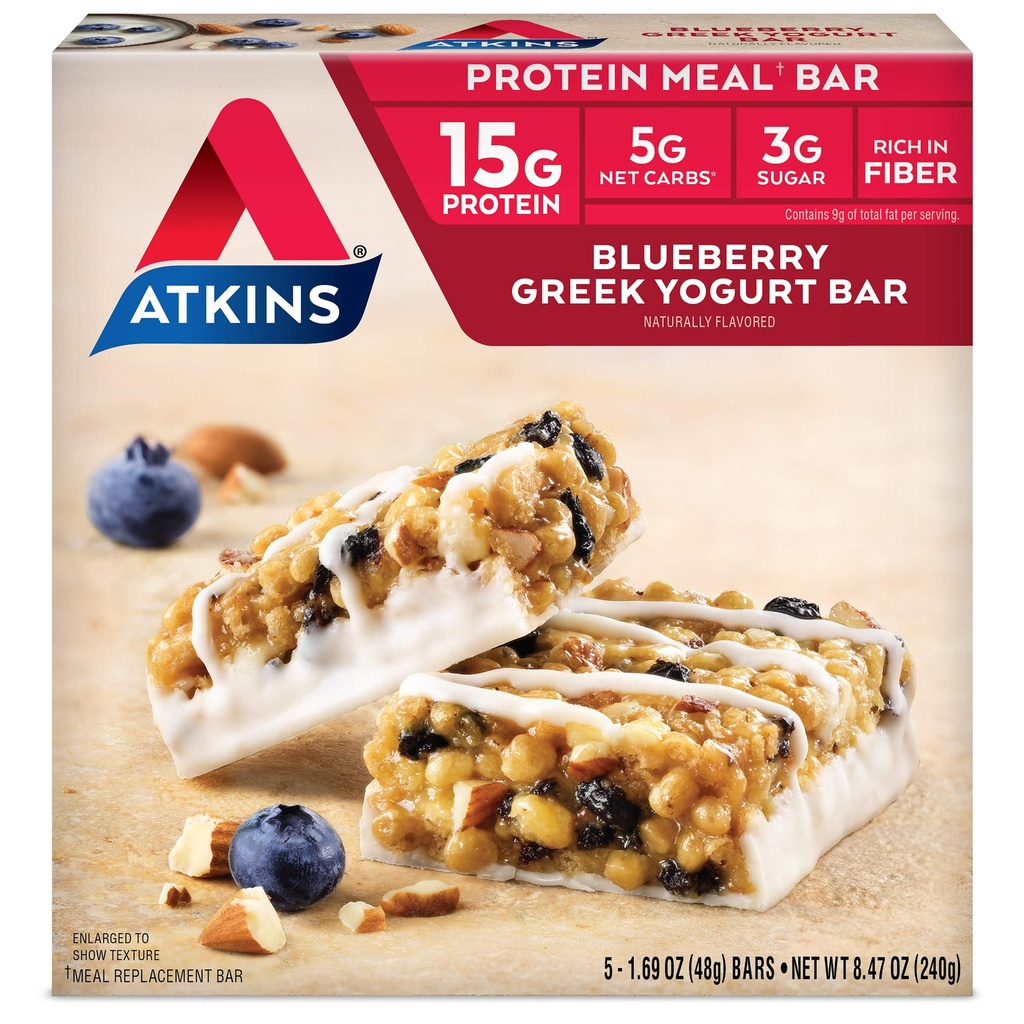 Atkins Blueberry Greek Jogurtti Protein Ateriapatukka, korkea kuitu, 15g proteiinia, 3g sokeria, 5g Net Carbs, Ateriankorvike, Keto Friendly, 5