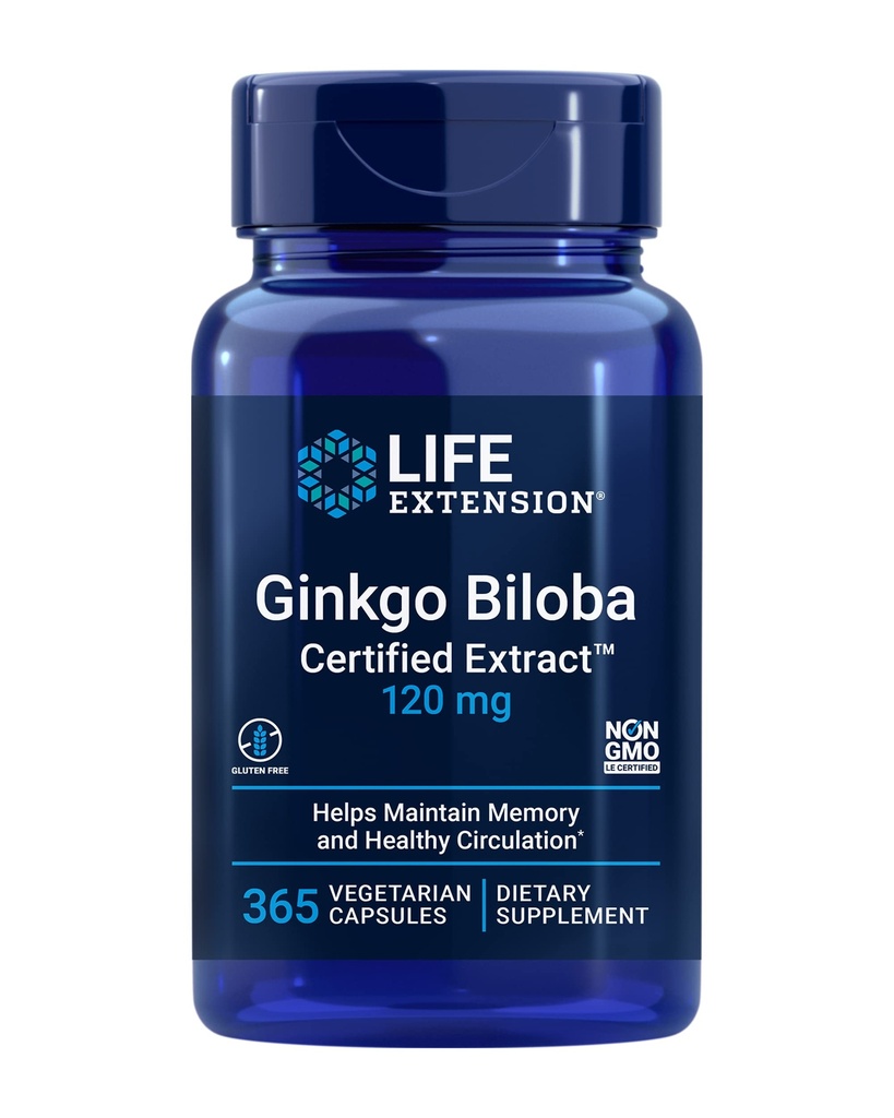 Life Extension Ginkgo Biloba Certified ExtractTM, 120 mg, auttaa säilyttämään muistin ja kognition, Gluteeniton, ei-GMO, kasvissyöjä, 365 kapselia
