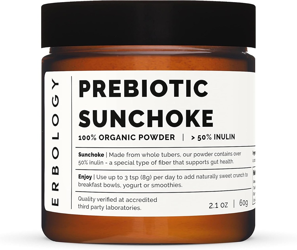 Erbologia Organic Sunchoke Powder 2.1 oz - 30 Tarjoilut - 50% Prebiootti Inulin Fiber - Tukee Gut Health ja edistää Diverse Microbiome - Feed Hyvät bakteerit - Vegan - Gluteeniton - GMO-vapaa