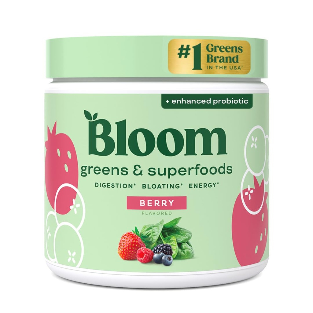 Bloom Nutrition Superfood Greens Powder, Divegestive Enzymes with Probiootit ja Prebiootit, Gut Health, Bloating Relief for Women, Klorella, Green Juice Mix kanssa juurijauhe, 30 SVG, Berry