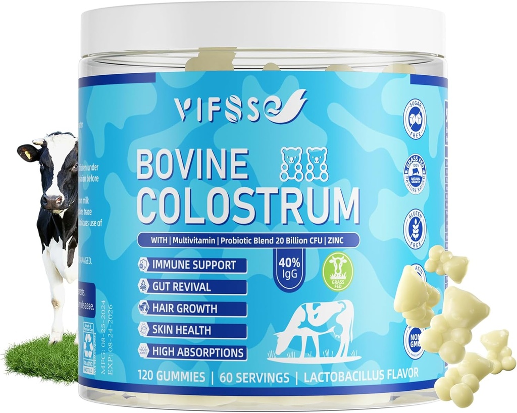 Grass Fed Colostrum Sugar Free 40% IgG Naudan kolostrum Gummies + Probiootti, Multivitamiini Etc immuunitukea, Gut tuki, hiukset ja iho