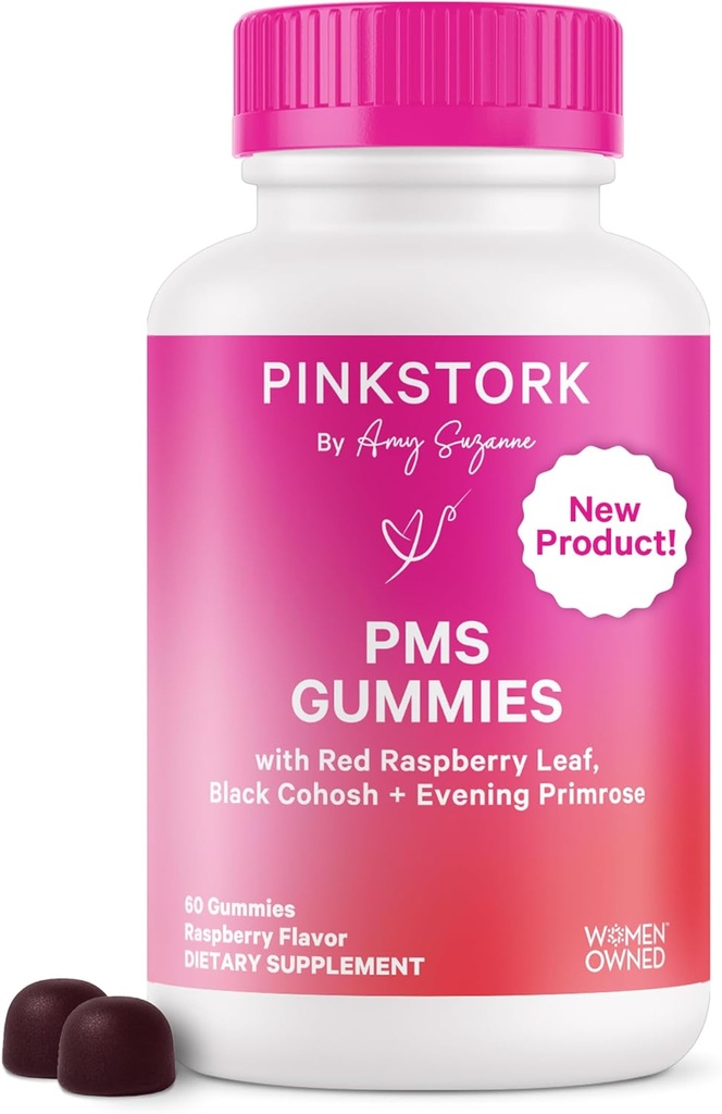 Pink Stork PMS Tuki Gummies naisille - punainen vadelma Leaf, musta Cohosh, ilta Primrose Oil - Turvotus, Cravings, iho, mieliala - Hormonal Cycle Support - 60 Berry Gummies - Vegan, Plant-Baseed