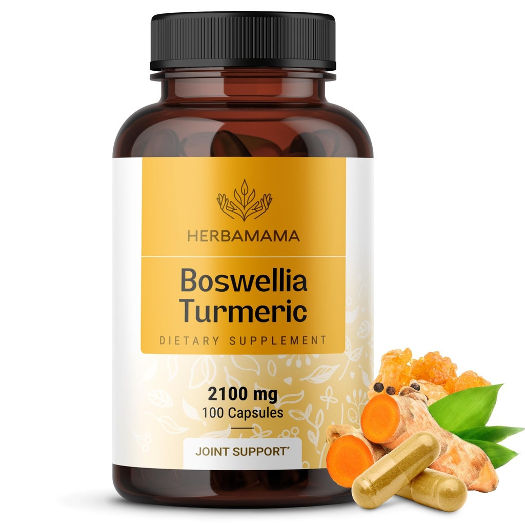 HERBAMAMA Turmeric ja Boswellia Extract kapselit - 2100 mg Boswellia Serrata & Turmeric Complex Black Pepper Extract - Vegaani, ei-GMO, 95% Curcuminoidit antioksidantti täydentää, 100 kapselia