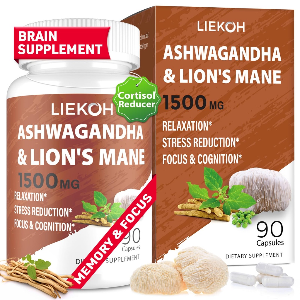 Ashwagandha & Lions Mane -lisäkapselit, aivolisät muistia ja keskittymistä varten, Ashwagandha-lisä Rhodiola & Black Peppe, Cortisol-lisälehdet naisille ja miehille,90 Caps