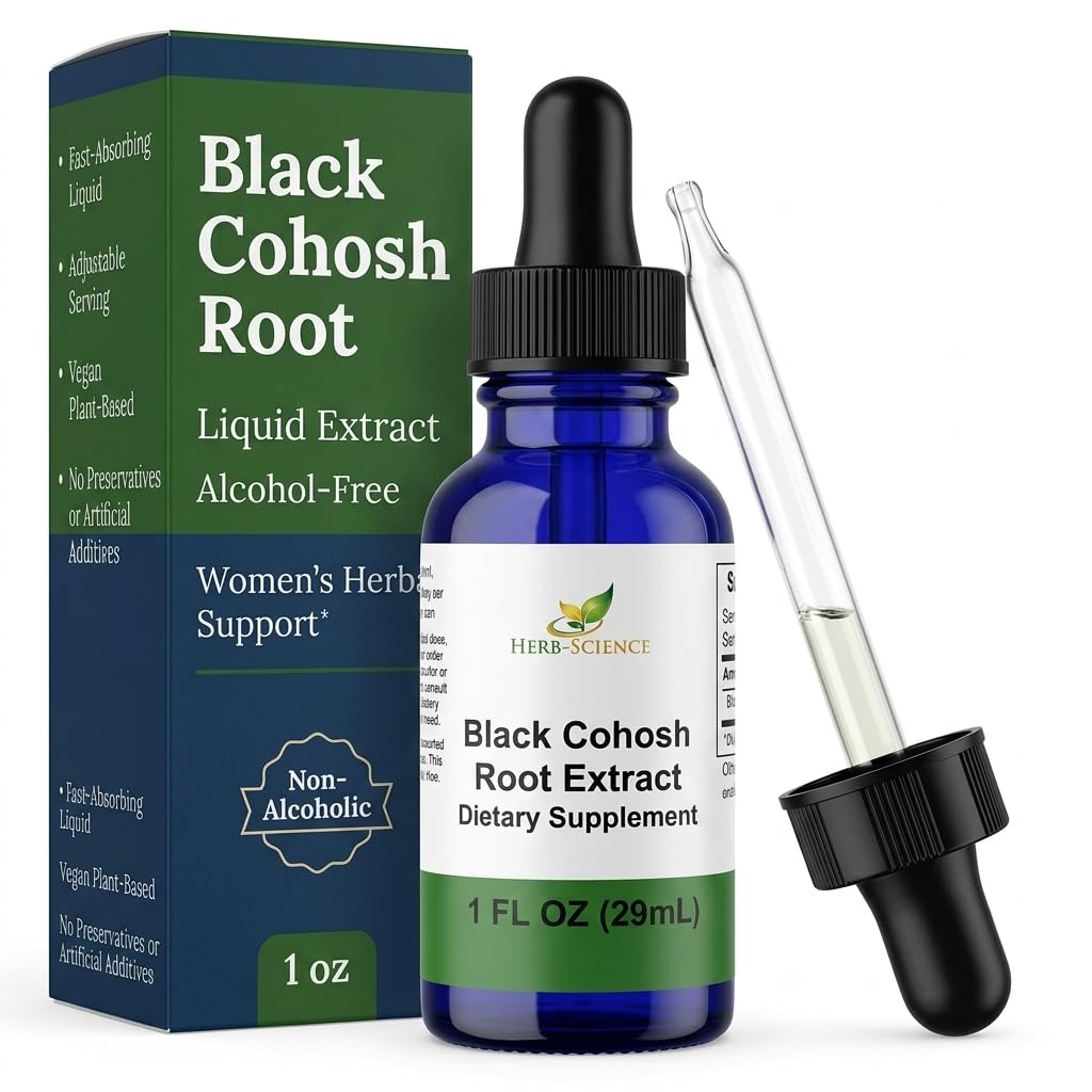 Musta Cohosh juuri tukee kuukautiskipuja, vaihdevuodet helpotus, terve verenpaine, verenkierto ... Alkoholiton nesteuute, 1 oz - Herb-tiede