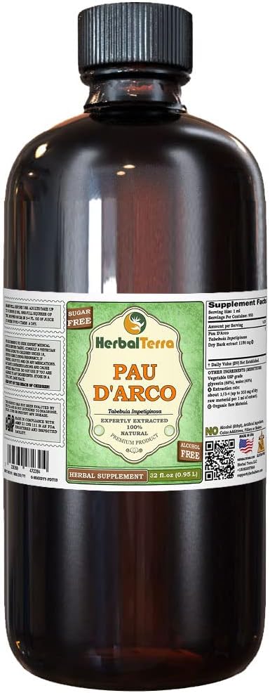 PAU d'arco (Tabebuia Impetiginosa) Glyseriitti, kuivattu Bark alkoholiton nesteuute (Brandin nimi: HerbalTerra, ylpeänä valmistettu Yhdysvalloissa) 32 fl.oz (0,95 l)