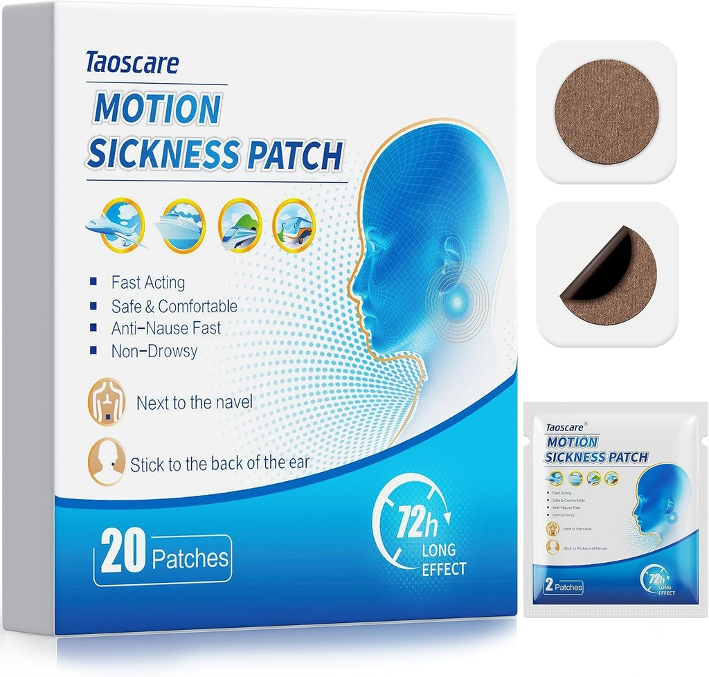 Motion Sickness Patches, Sea Sickness Patch för barn och vuxna med Travel-Friendly Packets, Travel Essentials för Cruise/Car/Airplane/Amusement Park Trip (20 Patches)