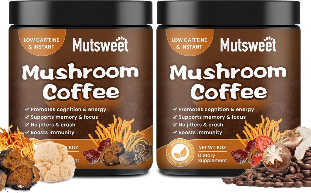 (2 pakkaus) Sienikahvi Smoothies/Latte, Sienijauheen sekoitus (57 tarjoilua) Lions Mane, Reishi, Cordyceps, Turkey Tail, Chaga - Sieni täydentää energia, Focus, Immune- 8 oz