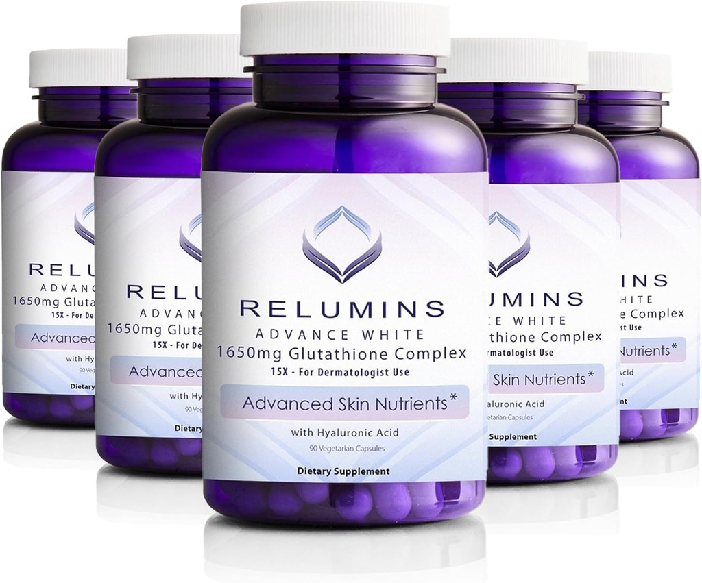 Relumins 1650mg L-Glutathione Complex med Hyaluronic Acid, Alpha Lipoic Acid, Rose HIPS, Vitamin E & Riboflavin, Antioxidant Support, Skin Hydration & Wellness, Made in USA - 90 Capsules x 5 Bottles
