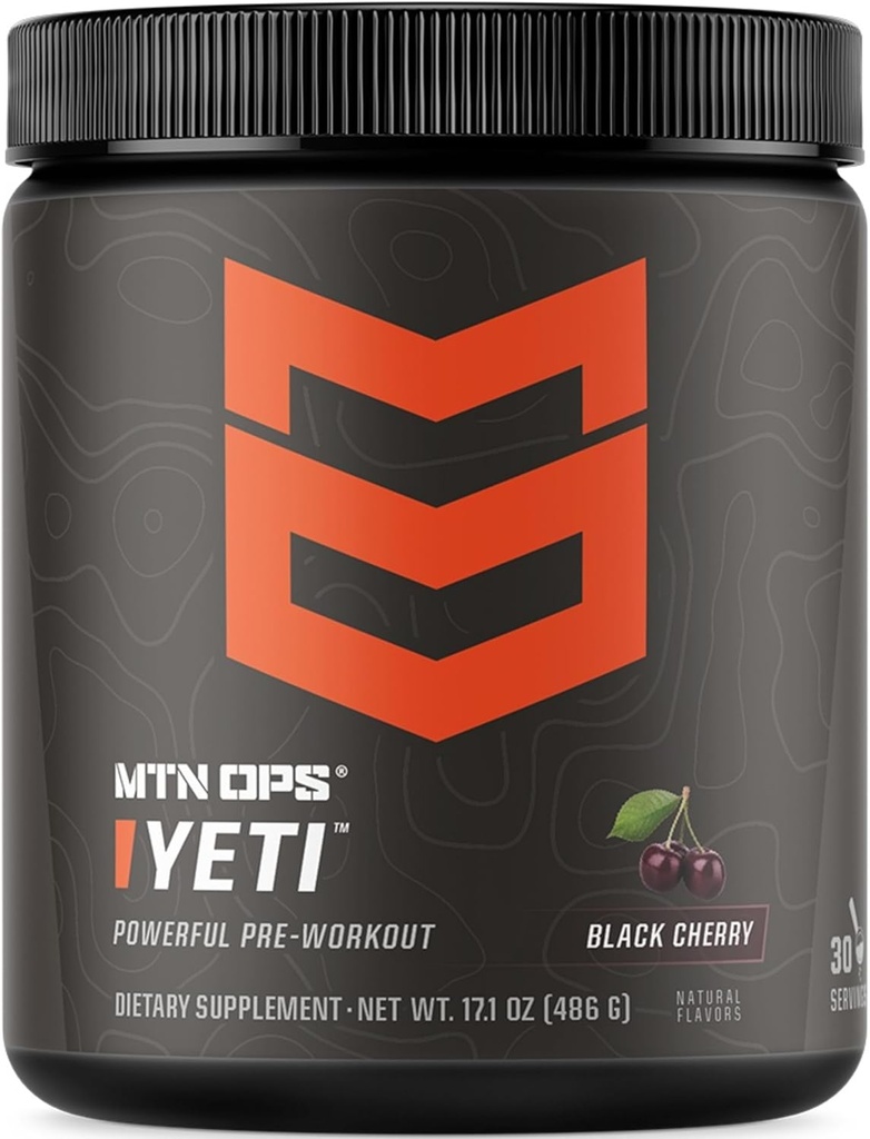 MTN OPS Yeti Pre-Workout Powder Energy Drink with Creatine, 200 mg kofeiini ja BCAA Beta Alanine, 30-Serving Tub, Black Cherry