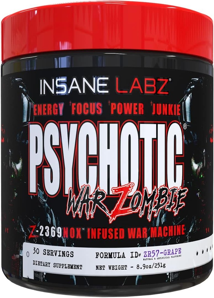 Insane Labz Psychotic War Zombie High Stimulant Pre Workout Powder, Extreme Lasting Energy, Focus och Pump med Beta Alanine, L-Arginine, 30 portioner (Grape)