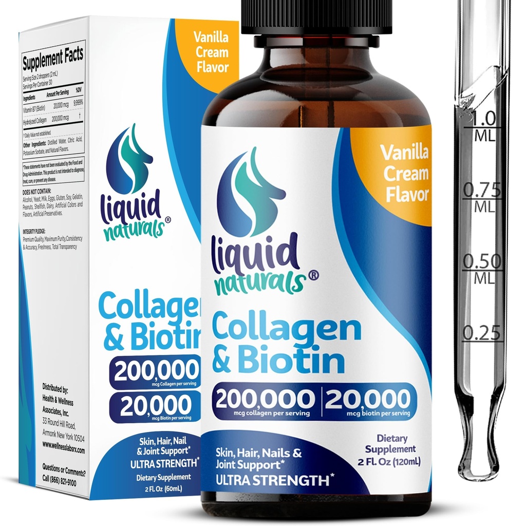 Liquid Collagen ja Biotin, 2 Fl. Oz, Ultra-vahva Collagen täydentää naisille, kolmannen osapuolen testattu Biotiini hiusten kasvua naiset, kynnet, ja ihovitamiinit B7 Collageno Peptides . Vanilla Flavor