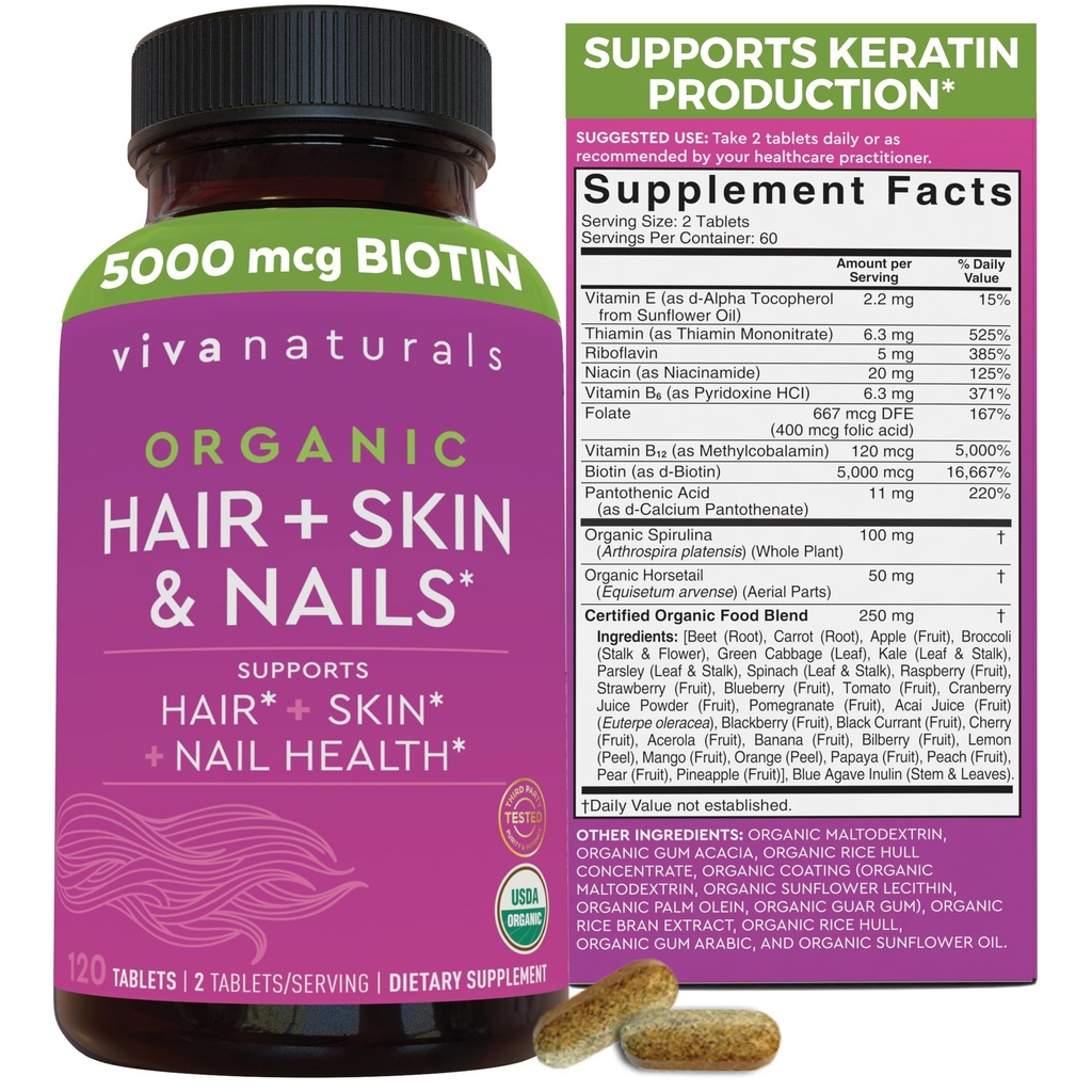 Biotiini 5000 mikrog Hiusten ihokynsit Naisten vitamiinit Luomu ja kasvissyöjä-Ystävällinen täydentää E-vitamiini, B-vitamiineja, Spirulina, Horsetail ja Superfood Blend auttaa Tuottamaan Keratin ... 120 Count