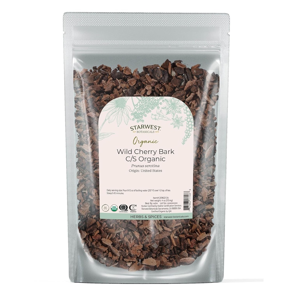 Starwest Botanicals Wild Cherry Bark Organic - Torkad lös Leaf Herb för Tea, Syrup, & Natural Herbal Blends, Prunus Serotina, Cut & Sifted, Certified Kosher, Non-GMO - 4 oz Pouch